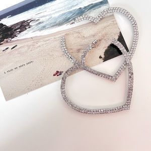 Silver rhinestone large heart hoop earrings